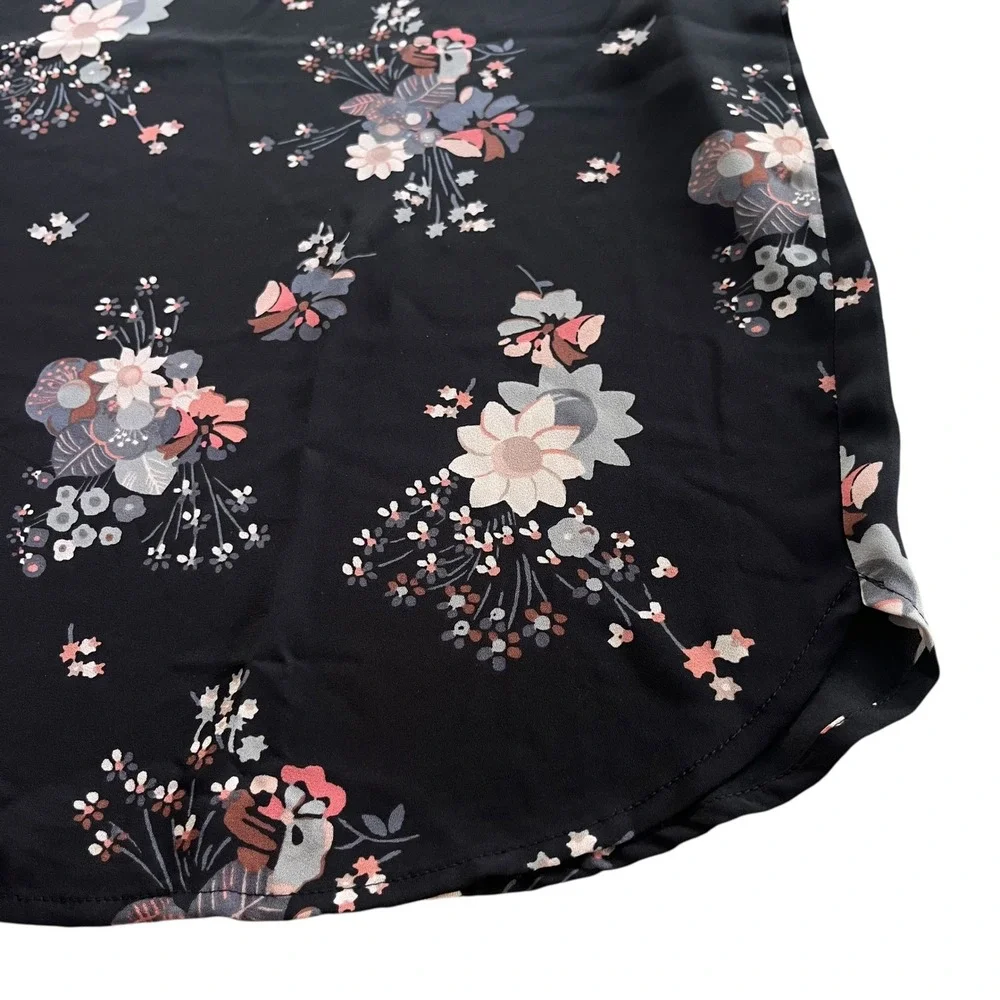 LOFT Women's S Black Pink Floral Bouquet Long Sleeve Cutout Casual Career Blouse